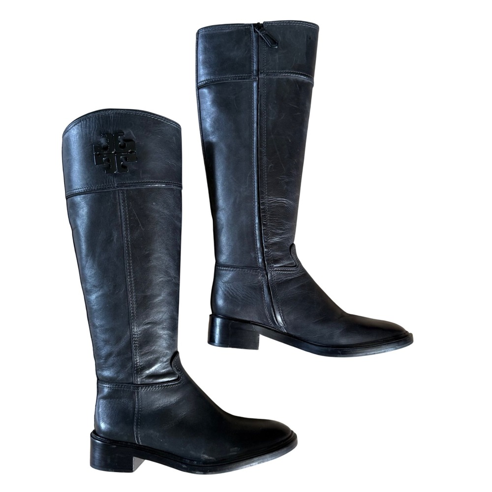 Tory Burch Black Leather Logo Riding Boots 50869 Womens 6M‎ Brazil Knee High